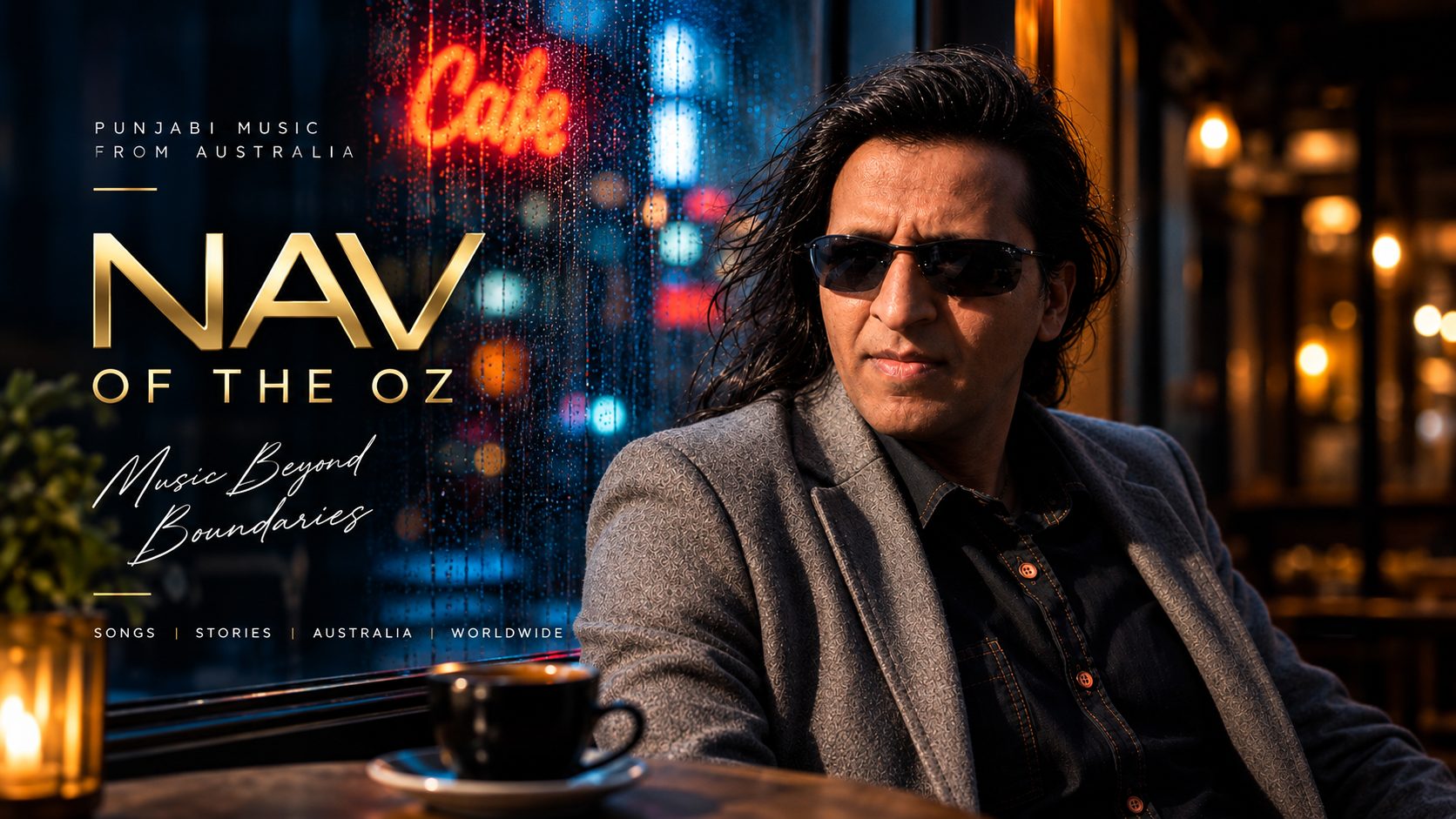 NAV OF THE OZ &mdash; Punjabi music from Australia. Portrait of Navraj Singh in a rain-lit cafe at night.